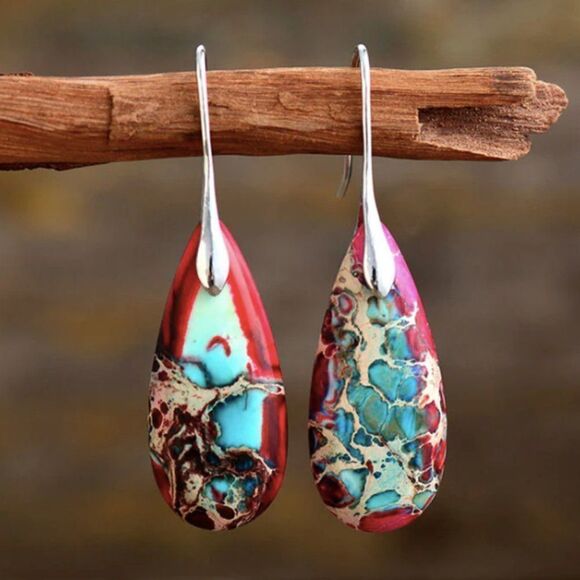 ✨🆕✨❤️Exquisite BoHo Emperor Stone Red & Blue S925 Plated Dangle Earrings💙✨ - Picture 1 of 11